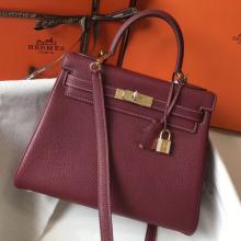 Hermes Bordeaux Clemence Kelly 28cm Handbag