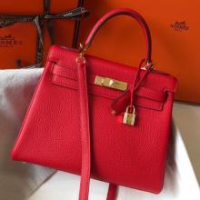 Hermes Red Clemence Kelly 28cm Handbag