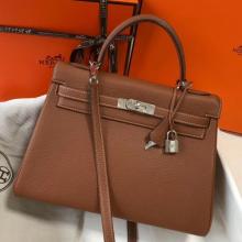 Hermes Brown Clemence Kelly 32cm Retourne Handbag Replica