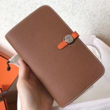 Faux Hermes Bicolor Dogon Duo Wallet In Brown/Orange Leather