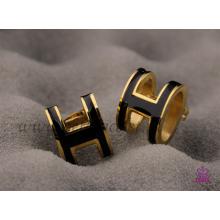 Best Quality Lacquered Hermes Pop H Black Earrings In Yellow Gold