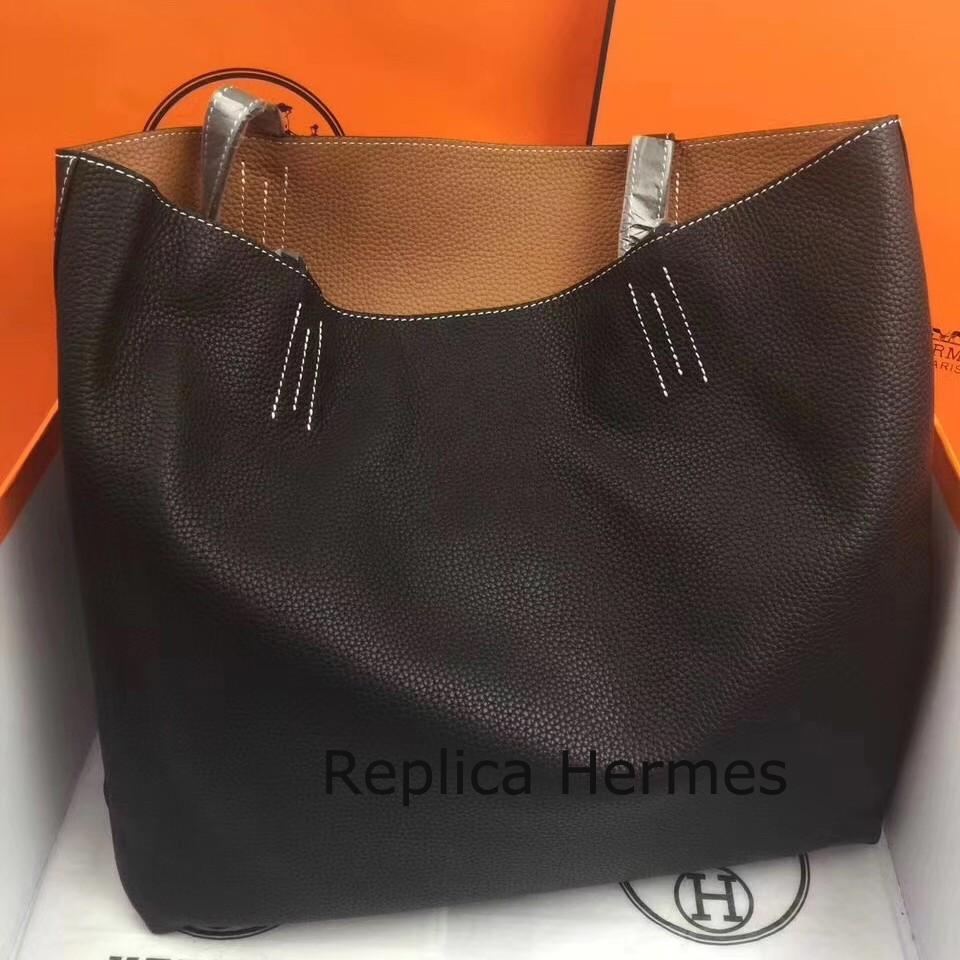 1:1 Fake Hermes Double Sens 45cm Tote In Black/Brown Leather