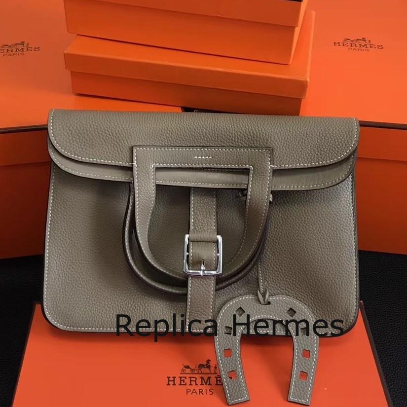 Hermes Halzan Bag In Grey Clemence Leather Replica