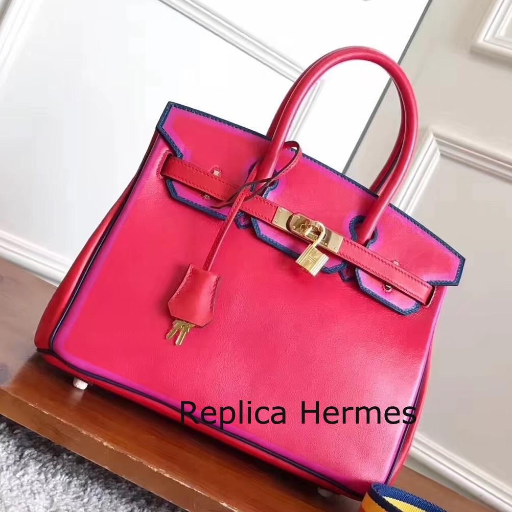 Hermes Red With Indigo Piping Goatskin Birkin 30cm Bag