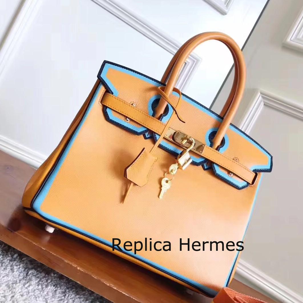 1:1 Replica Hermes Yellow With Blue Piping Epsom Birkin 30cm Bag