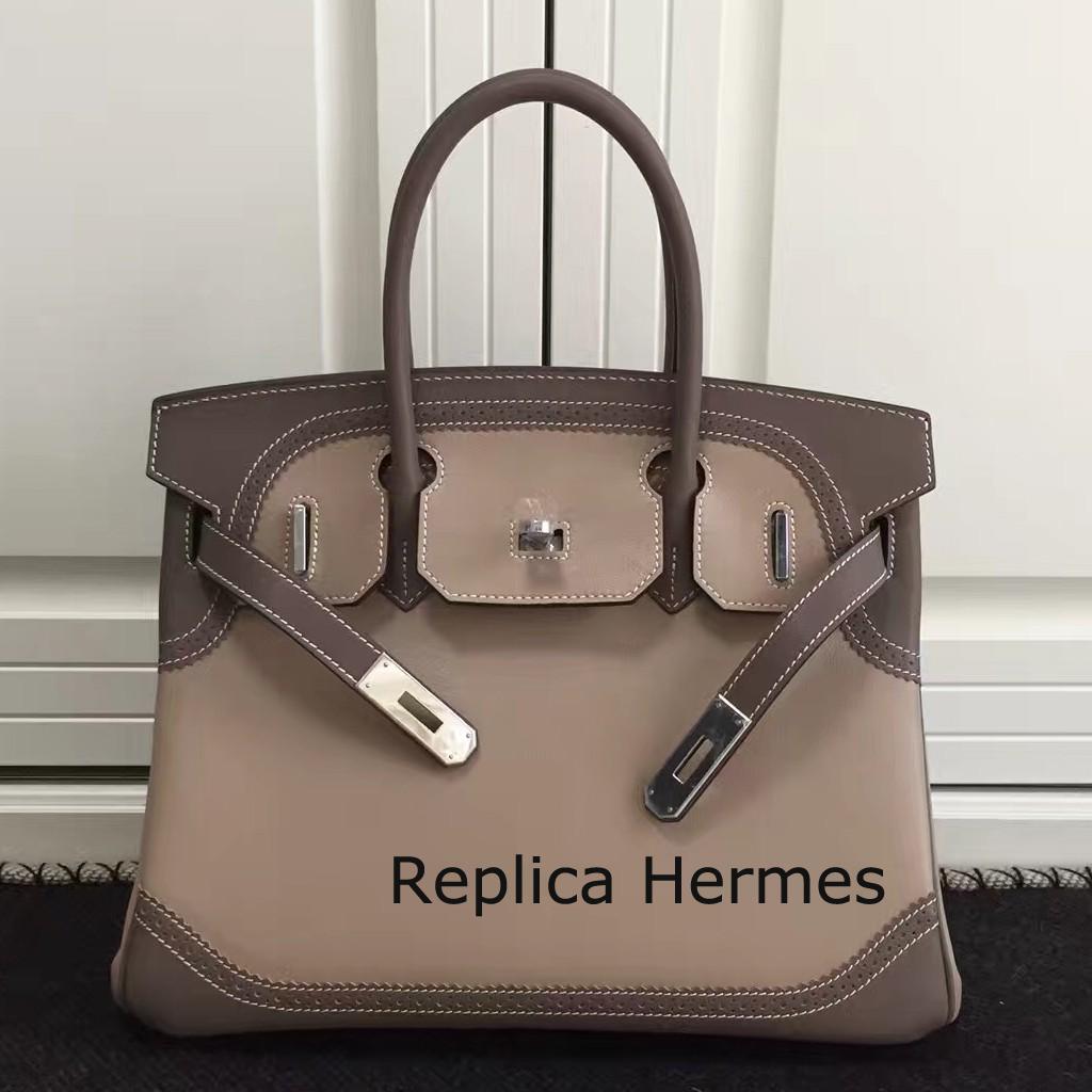 Luxury Replica Hermes Bicolor Birkin Ghillies 30cm In Beige Swift Leather