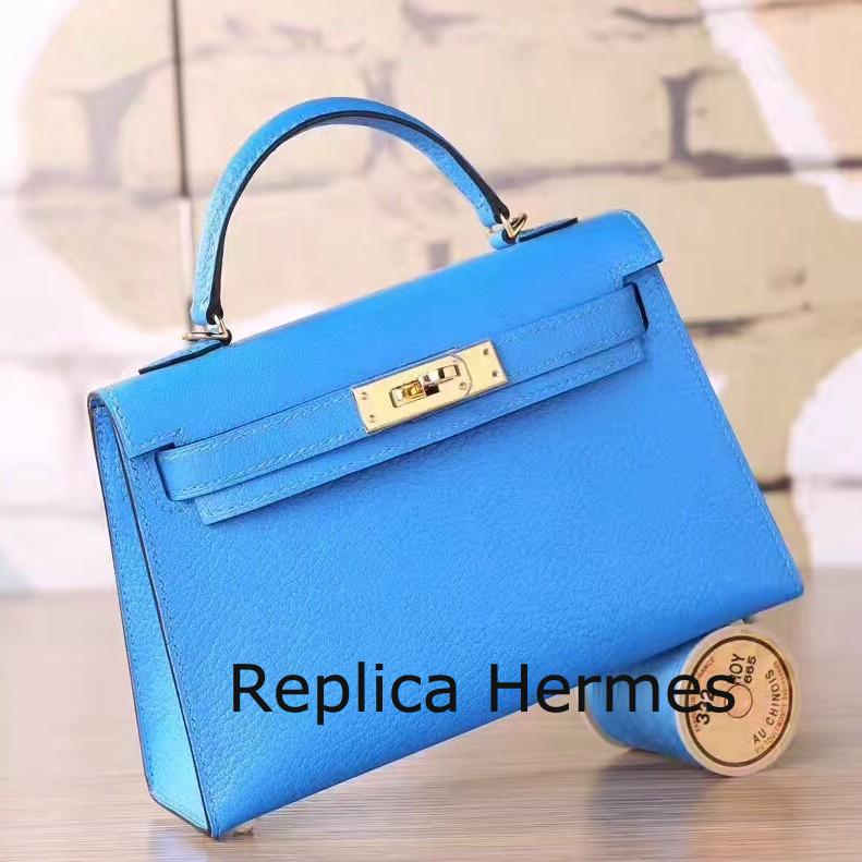 Top Copy Hermes Blue Hydra Chevre Kelly Mini II 20cm Handmade Bag