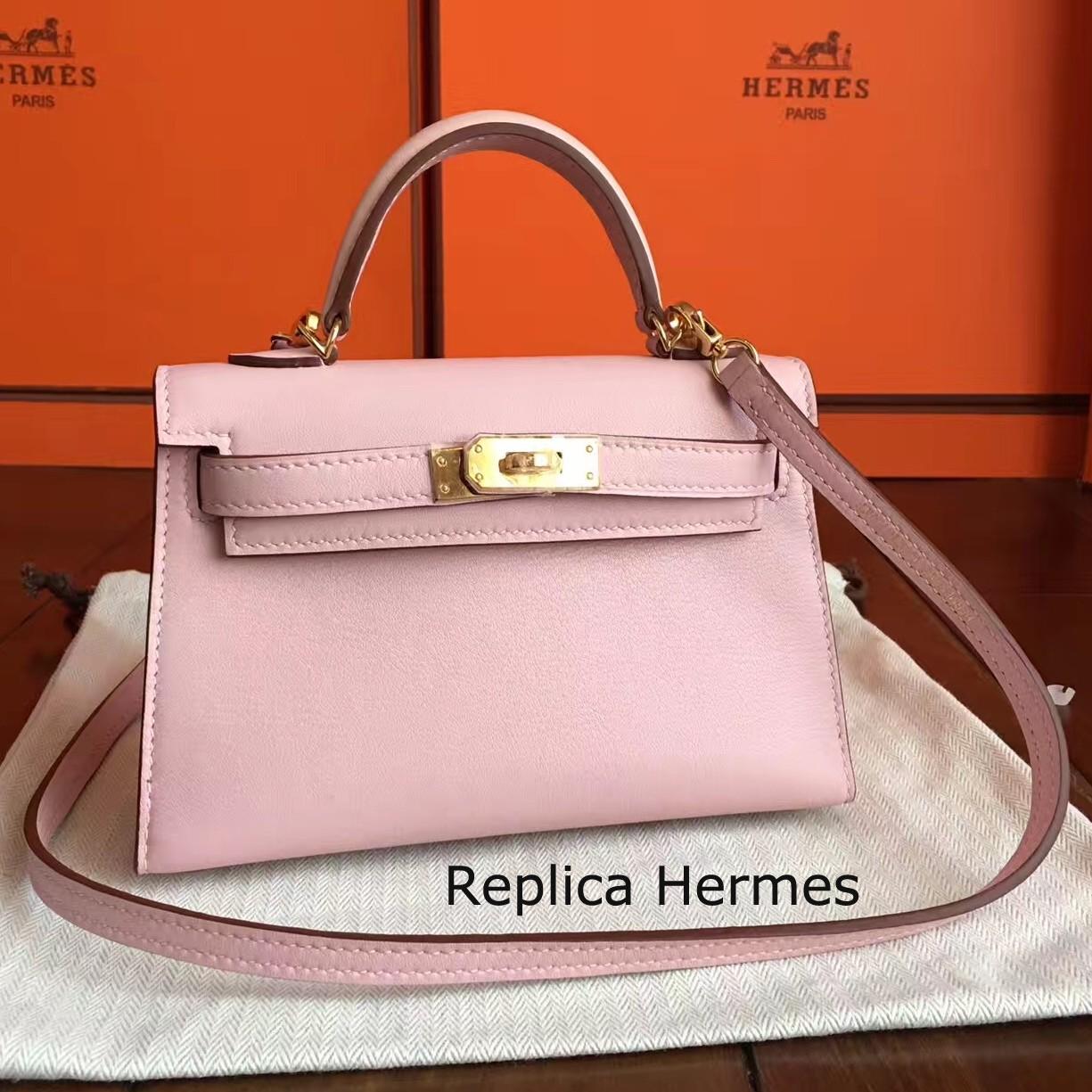 Best Copy Hermes Rose Dragee Swift Kelly Mini II 20cm Handmade Bag