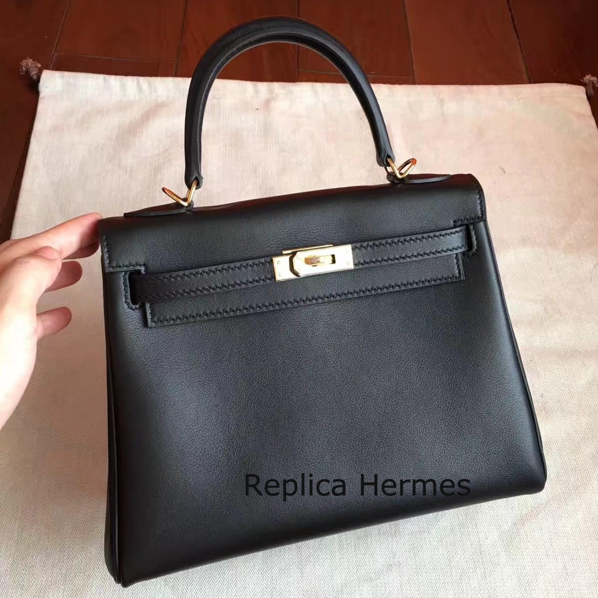 Hermes Black Swift Kelly 25cm Retourne Handmade Bag