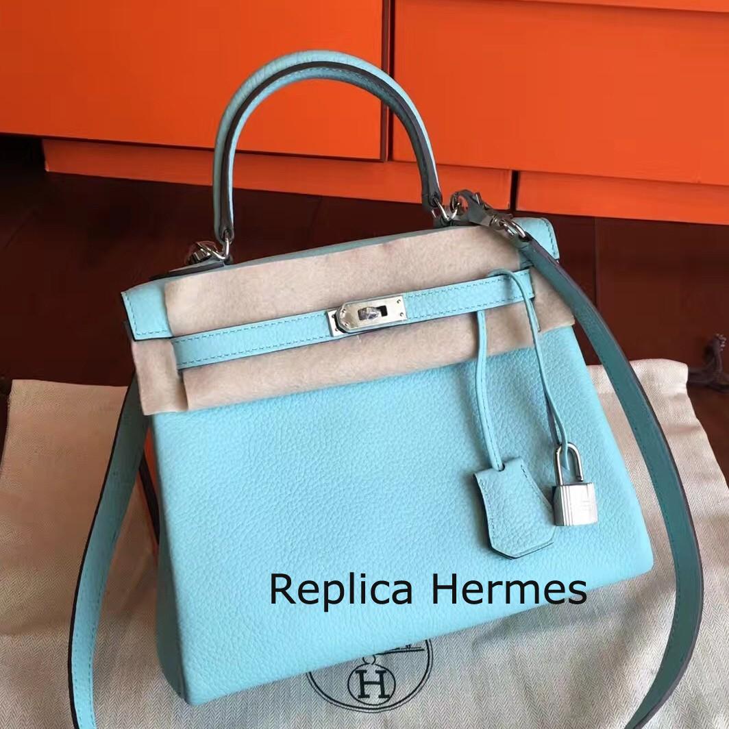 Imitation Hermes Blue Atoll Clemence Kelly 25cm Retourne Handmade Bag