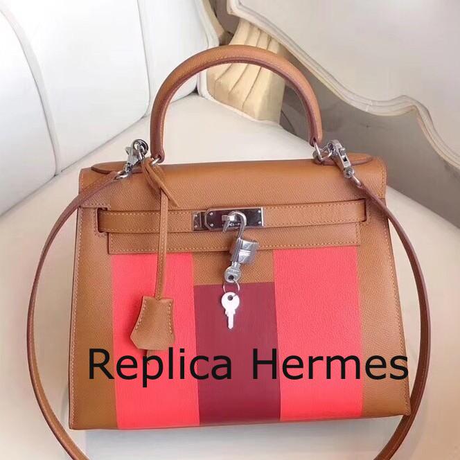 Replica AAA Hermes Multicolor Stripes Kelly 28cm Gold Bag