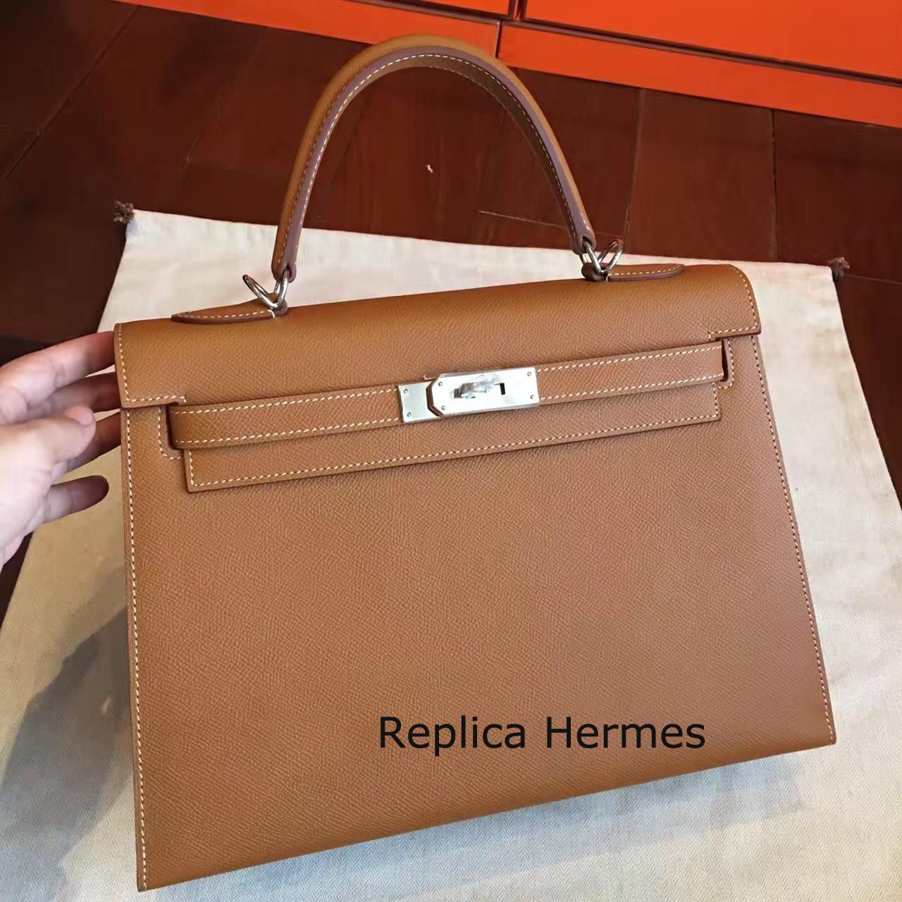 1:1 Imitation Hermes Brown Epsom Kelly 32cm Sellier Handmade Bag