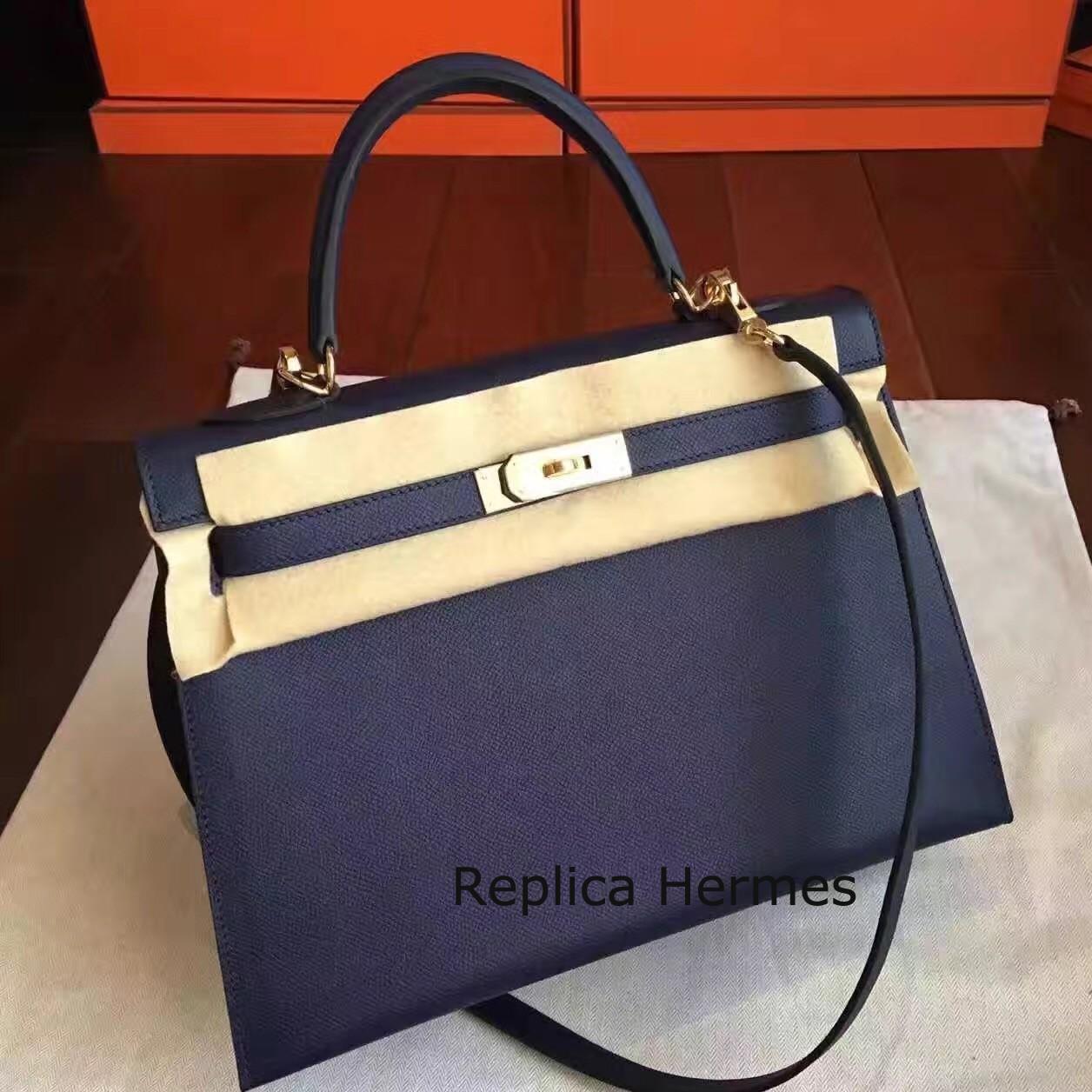 Hermes Sapphire Epsom Kelly 32cm Sellier Handmade Bag Replica
