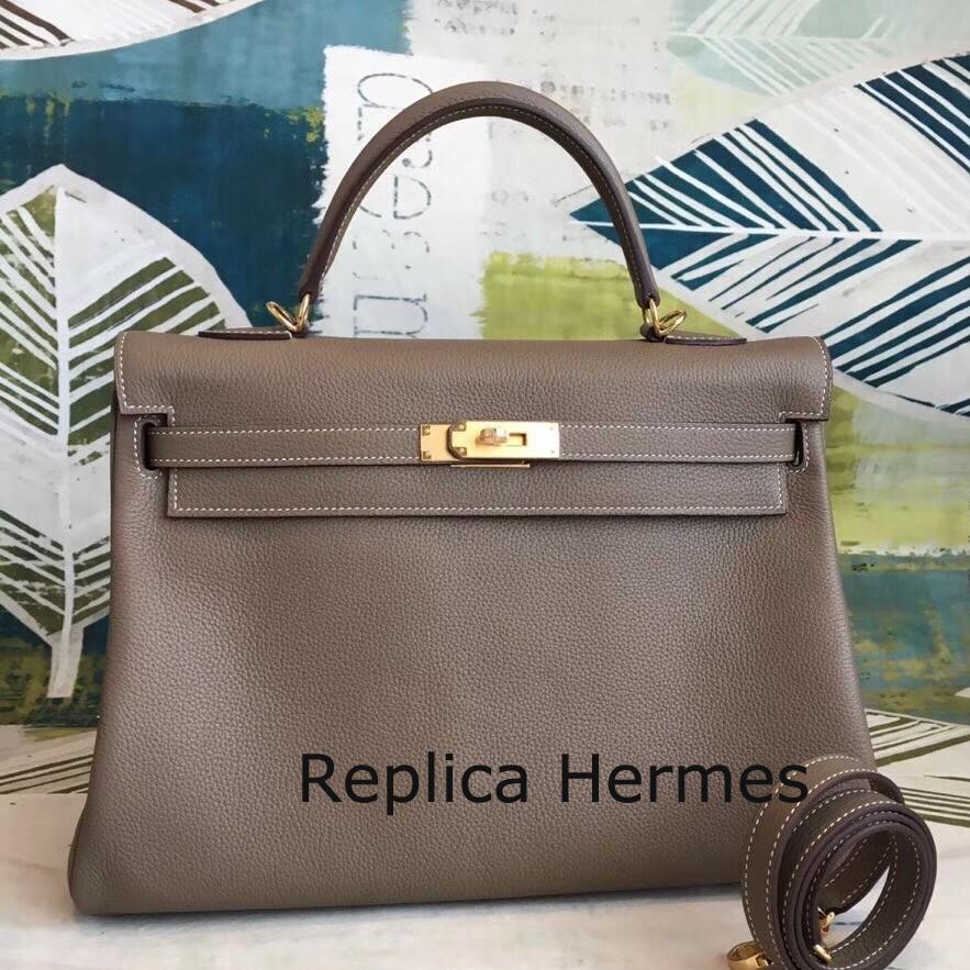 Hermes Taupe Clemence Kelly 32cm Handmade Bag