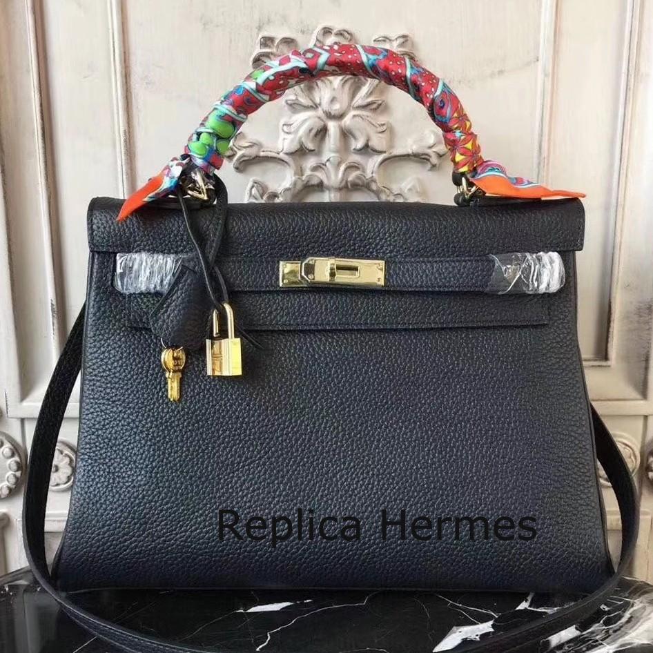 Hermes Black Clemence Kelly 32cm Retourne Bag