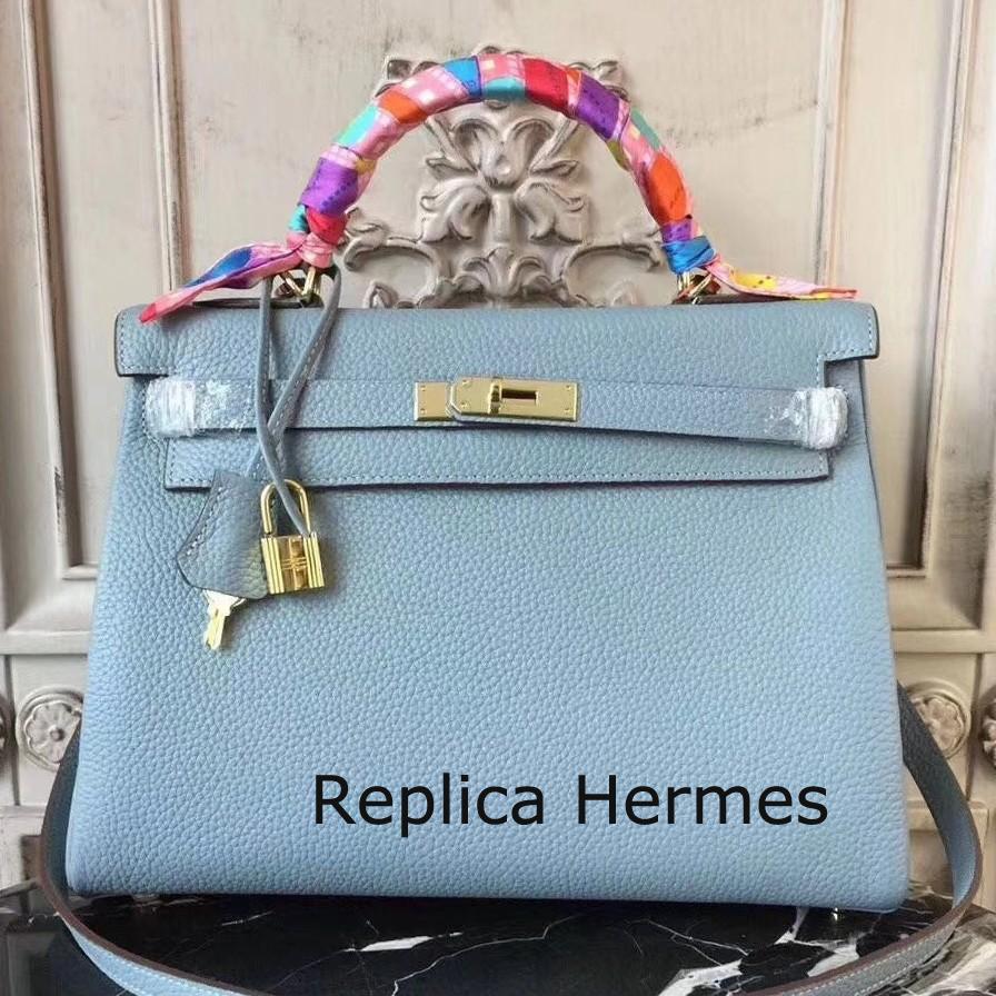 Replica Hermes Blue Lin Clemence Kelly 28cm Bag