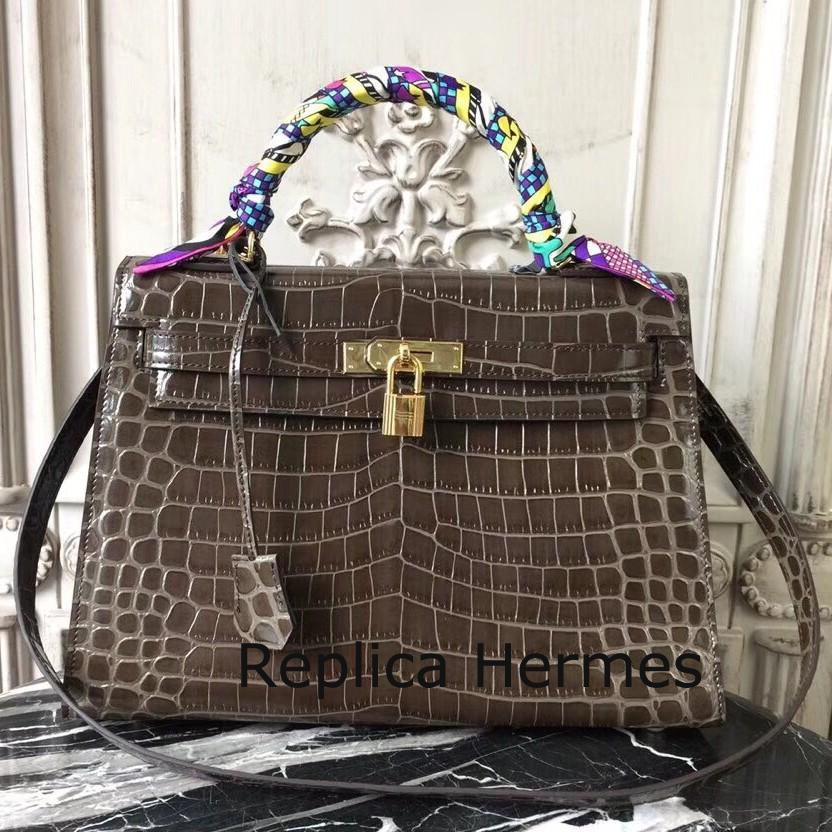1:1 Replica Hermes Kelly 32cm Bag In Chocolate Crocodile Leather