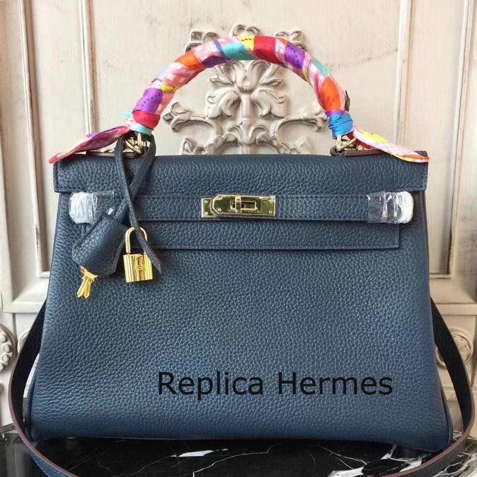 Hermes Navy Blue Clemence Kelly 32cm Retourne Bag Replica