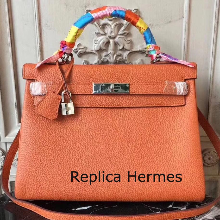 Best Faux Hermes Orange Clemence Kelly 28cm Bag