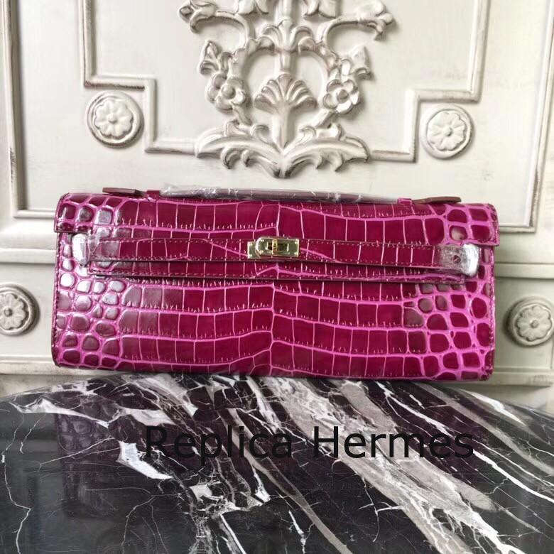 Hermes Fuchsia Crocodile Kelly Cut Clutch Bag Replica