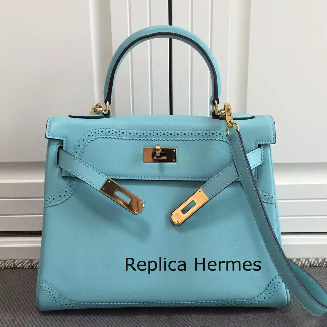 Replica Hermes Kelly Ghillies 28cm In Light Blue Swift Leather
