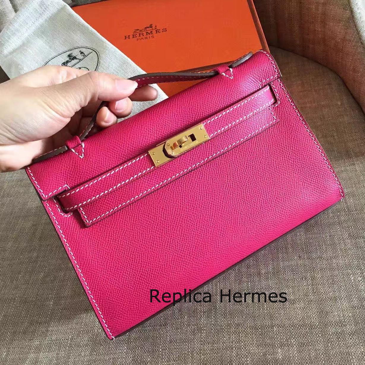 1:1 Fake Hermes Rose Red Epsom Kelly Pochette Handmade Bag