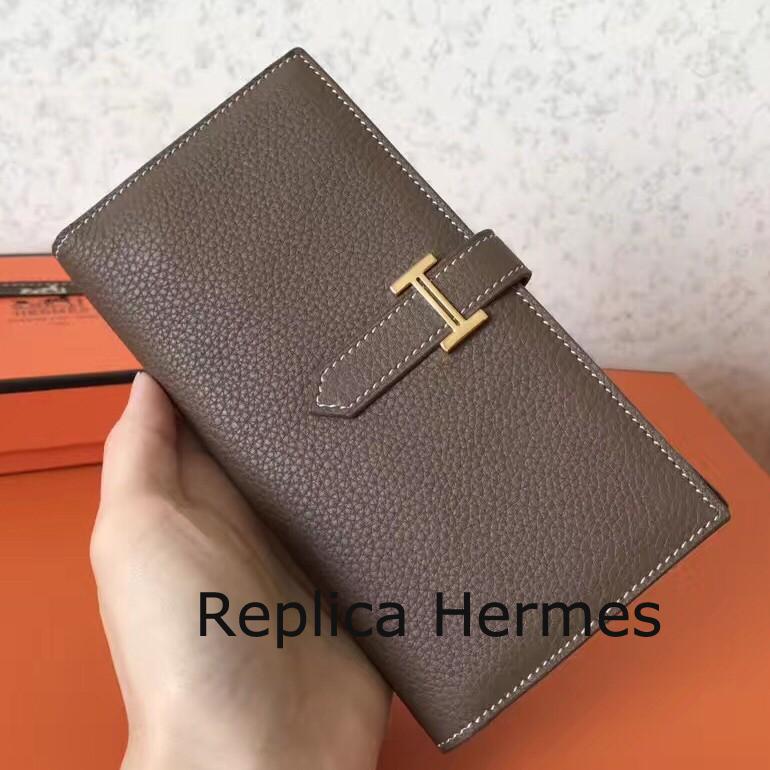 High End Hermes Taupe Clemence Bearn Gusset Wallet