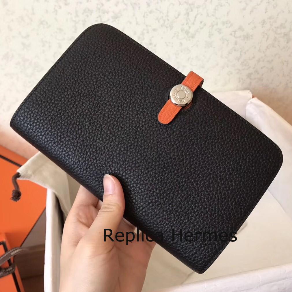 Hermes Bicolor Dogon Duo Wallet In Black/Orange Leather Replica