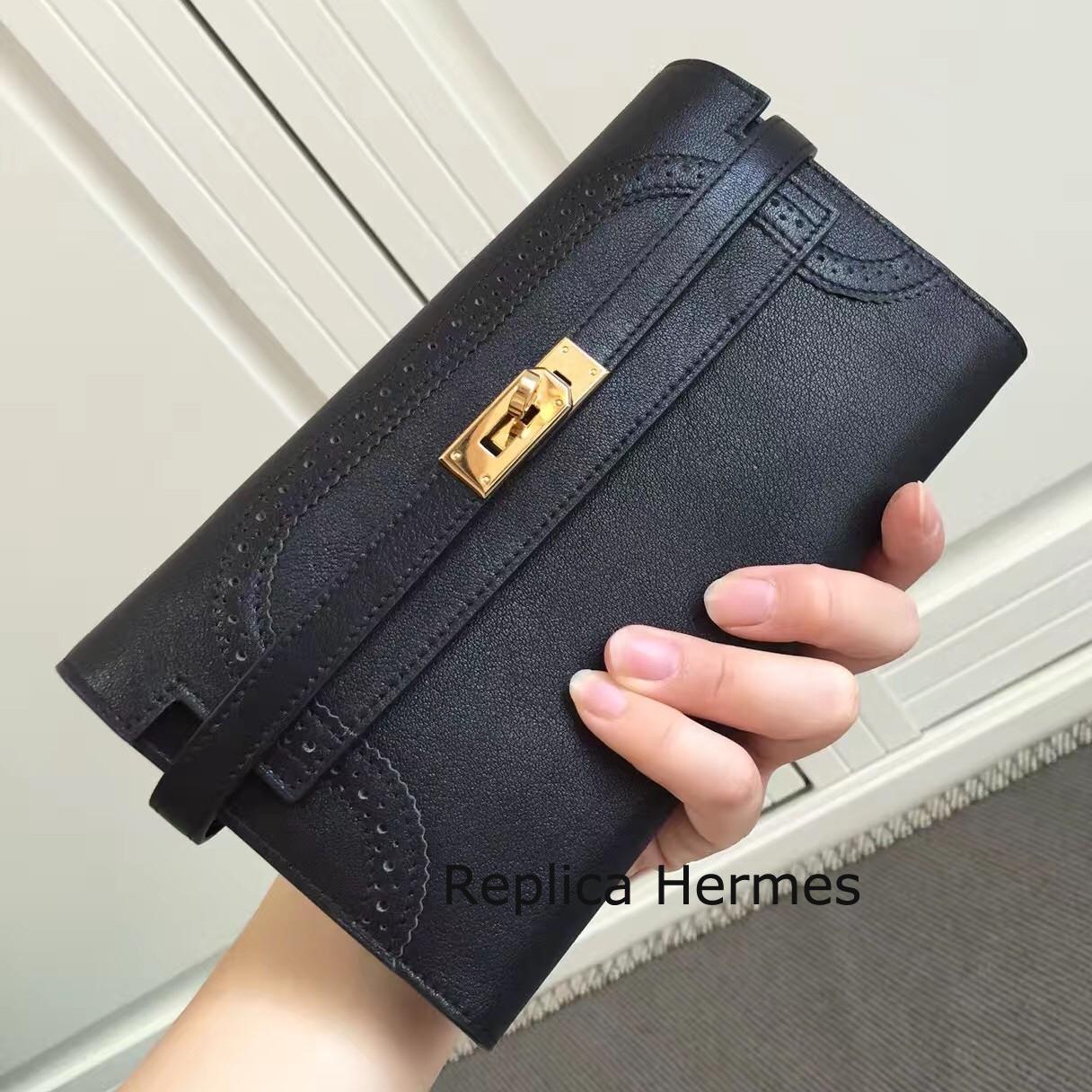Replica Hermes Kelly Ghillies Wallet In Black Swift Leather