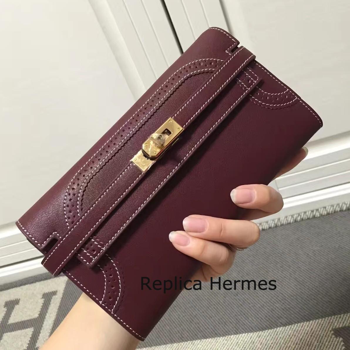 Luxury Replica Hermes Kelly Ghillies Wallet In Bordeaux Swift Leather
