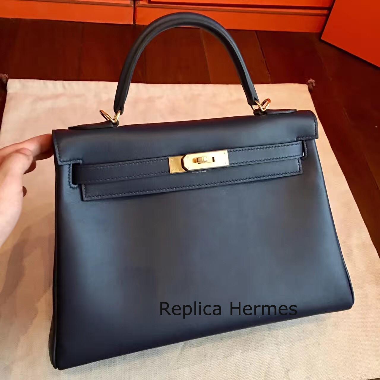 Hermes Black Swift Kelly Retourne 32cm Handmade Bag Replica