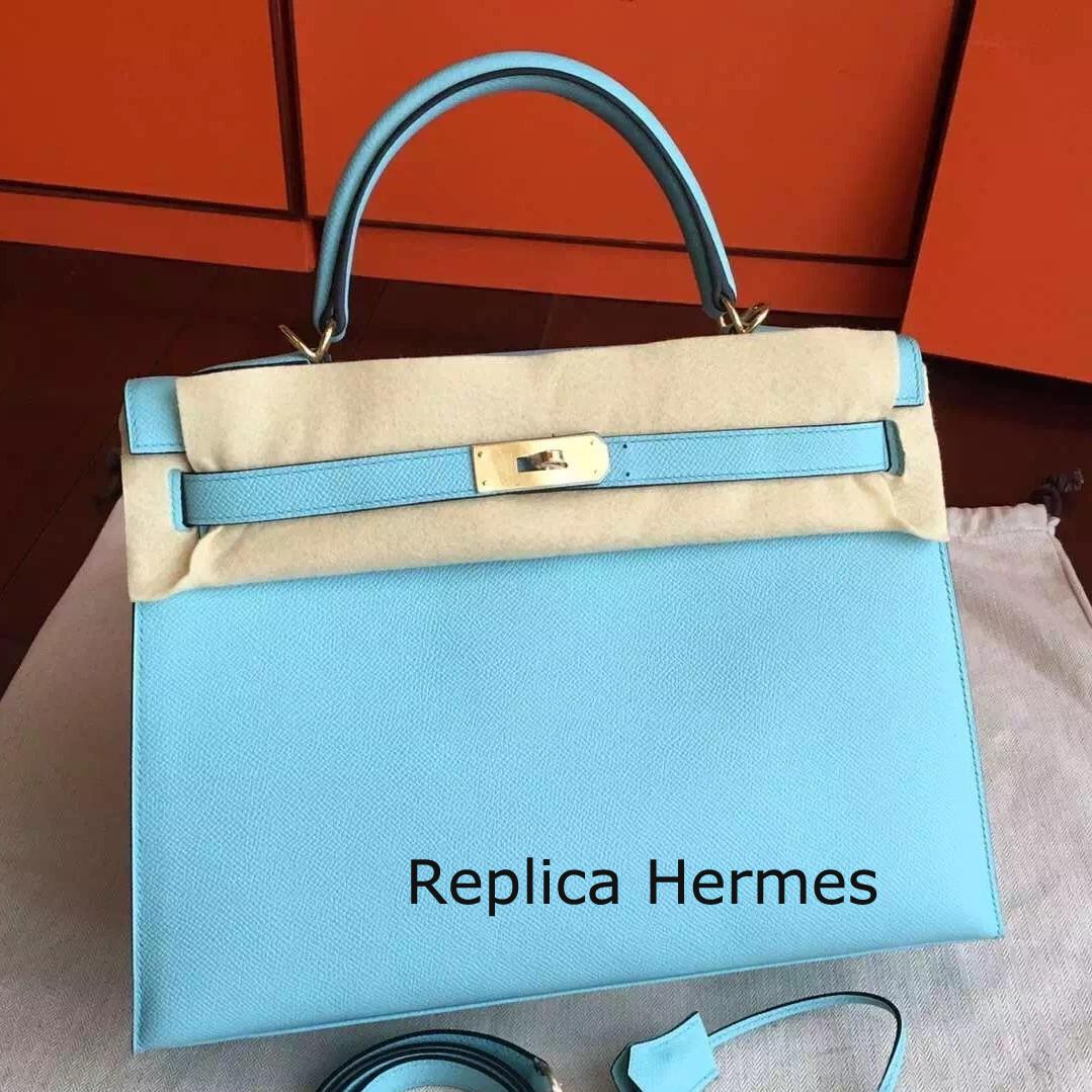 Copy Cheap Hermes Blue Atoll Epsom Kelly 32cm Sellier Handmade Bag