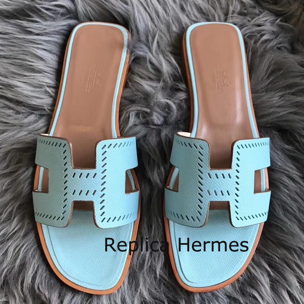 High Quality Fake Hermes Oran Perforated Sandals In Blue Atoll Epsom Leather