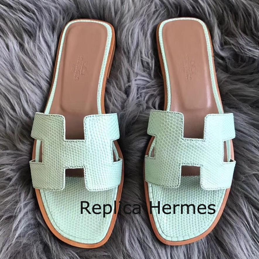 Perfect Replica Hermes Oran Sandals In Aqua Lizard Leather