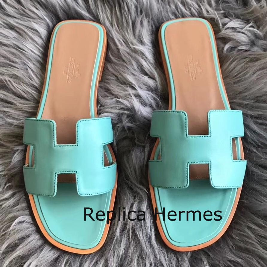 Hermes Oran Sandals In Blue Atoll Swift Leather Replica