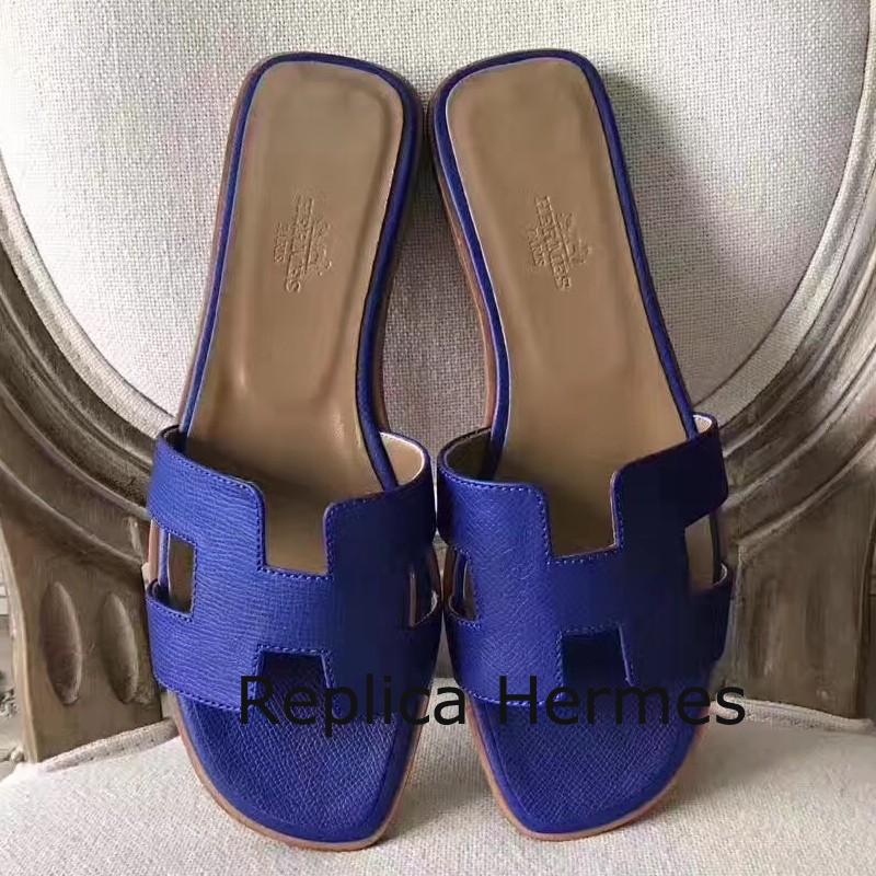 Discount Hermes Oran Sandals In Blue Epsom Leather