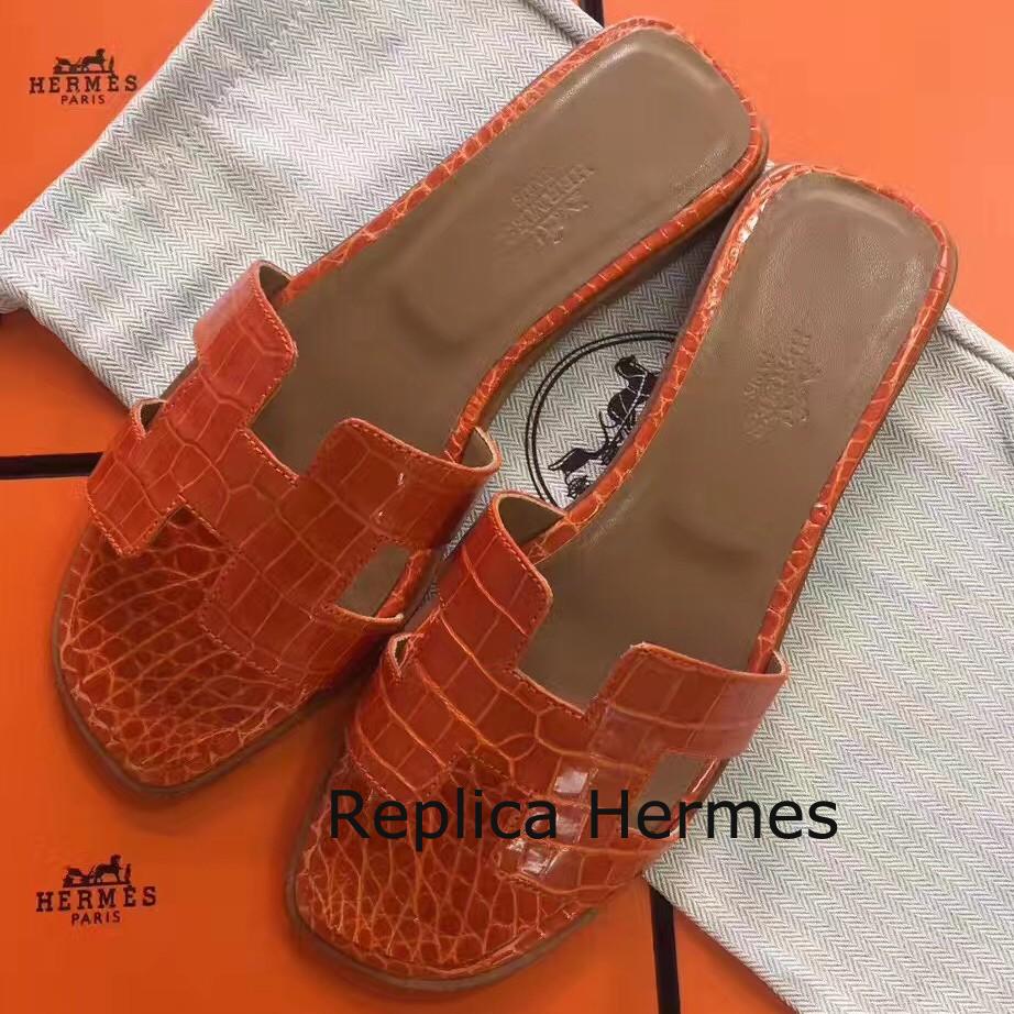 Designer Imitation Hermes Orange Crocodile Oran Sandals
