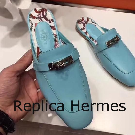 Top Quality Hermes Oz Mule In Light Blue Calfskin Leather