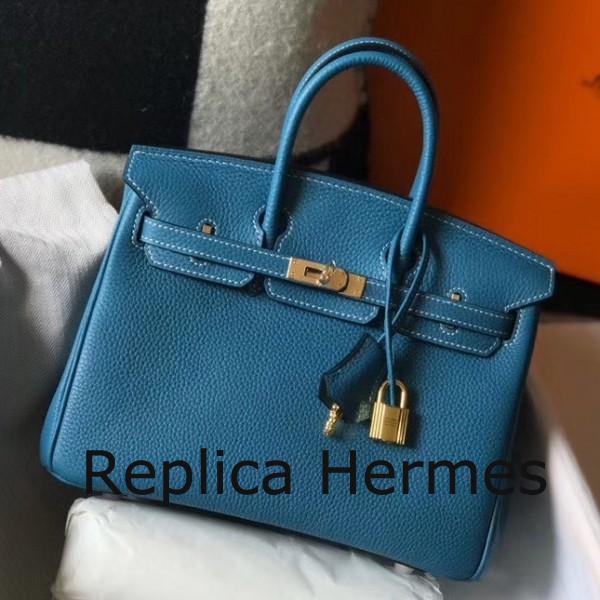 Copy Hermes Birkin 25cm Handbag In Blue Jean Clemence Leather