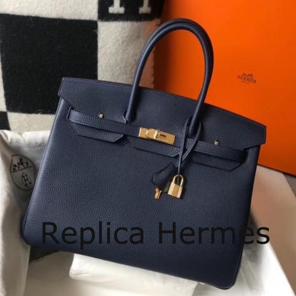 High End Copy Hermes Navy Blue Clemence Birkin 35cm Handbag