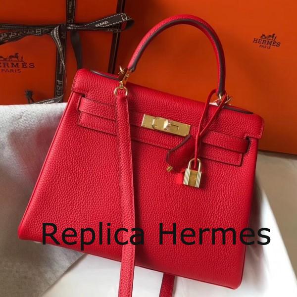 Hermes Red Clemence Kelly 32cm Retourne Handbag