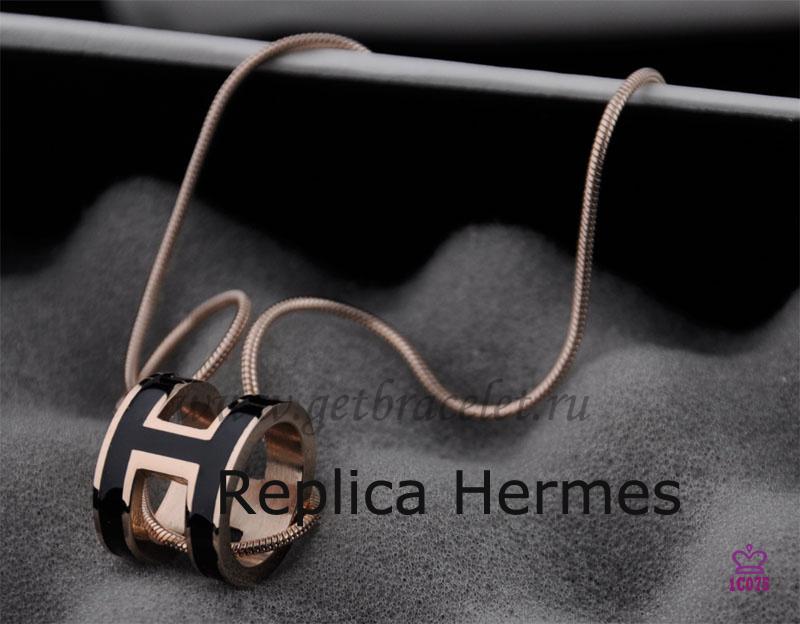 Fake AAA Hermes 3D Pop “H” Logo Snake Bone Black Necklace In Pink Gold