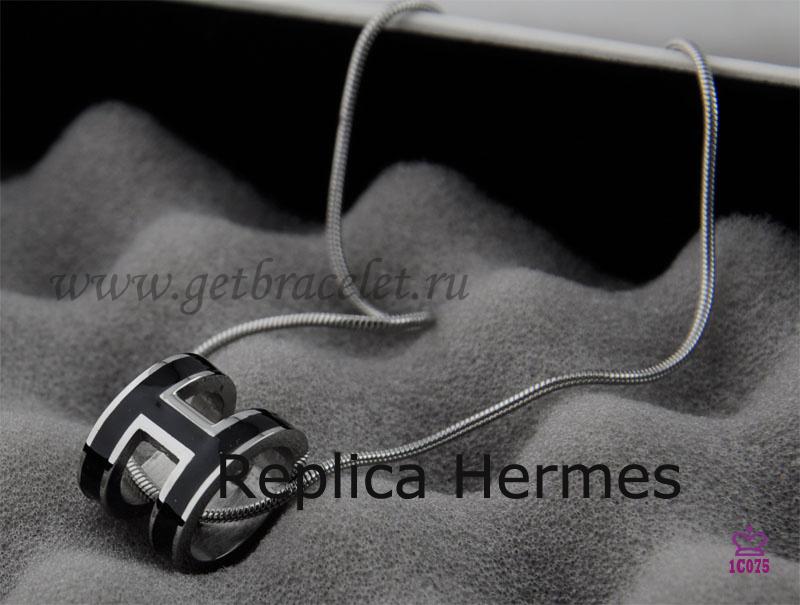 Hermes 3D Pop “H” Logo Snake Bone Black Necklace In White Gold