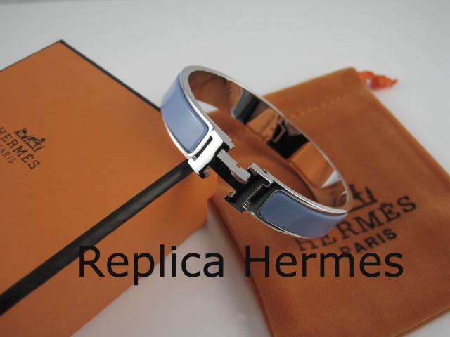 Hermes Blue Enamel Clic H Bracelet Narrow Width (12mm) In Silver