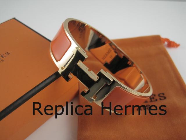 Hermes Orange Enamel Clic H Bracelet Narrow Width (18mm) In Gold Replica