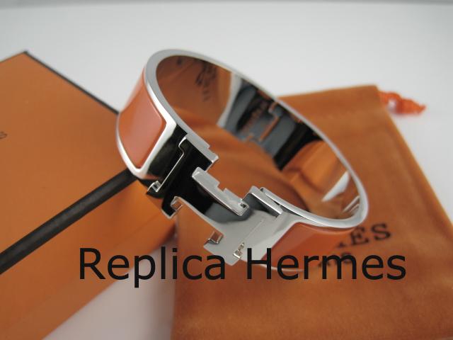 Hermes Orange Enamel Clic H Bracelet Narrow Width (18mm) In Silver