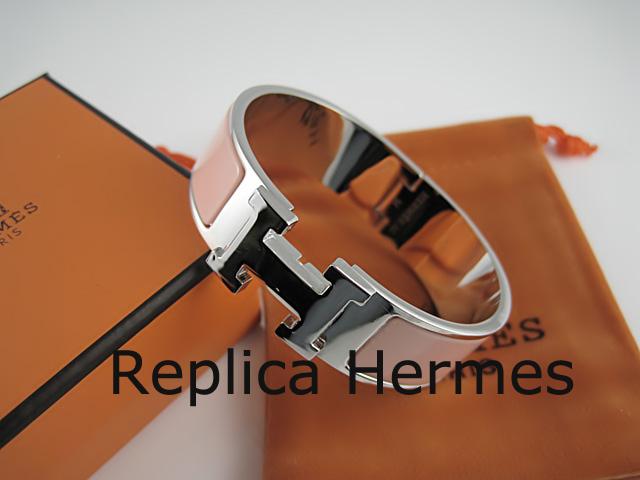 Fake Hermes Pink Enamel Clic H Bracelet Narrow Width (18mm) In Silver