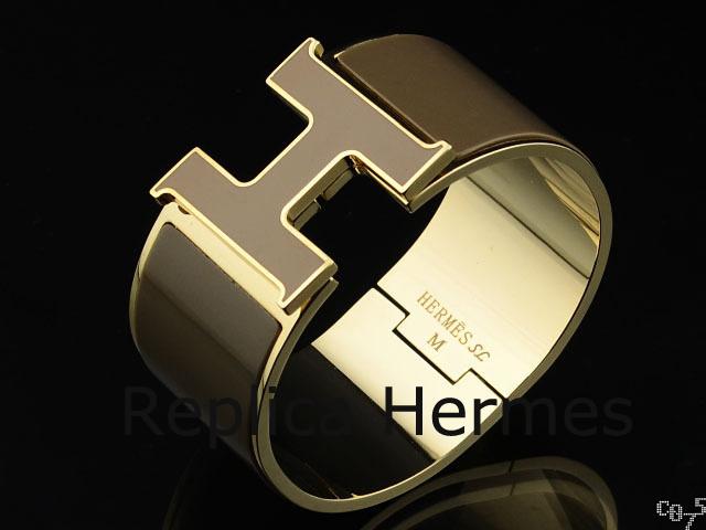 Hermes Brown Enamel Clic H Bracelet Narrow Width (33mm) In Gold Replica