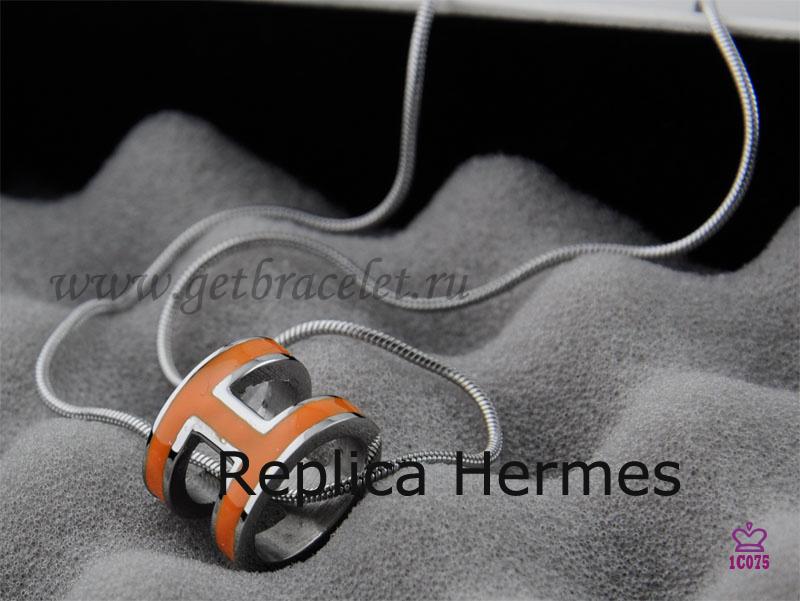 Replica Hermes 3D Pop “H” Logo Snake Bone Orange Necklace In White Gold
