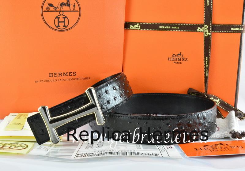 Replica High Quality Hermes Reversible Belt Black/Black Ostrich Stripe Leather With 18K Black Gold Idem Buckle